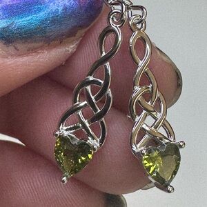 Elegant Silver and Celtic Knot Green Heart Earrings